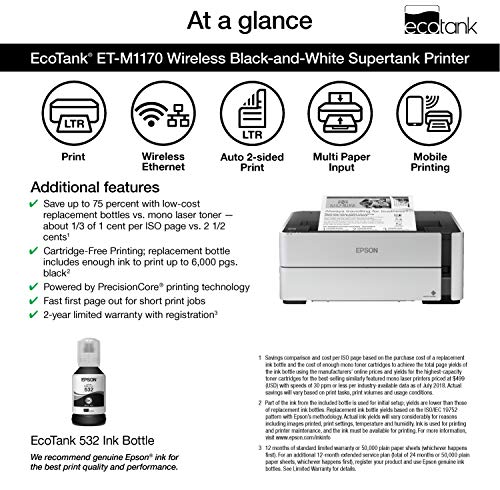 Epson EcoTank ET-M1170 Wireless Monochrome Supertank Printer, Plus Ethernet (Renewed)