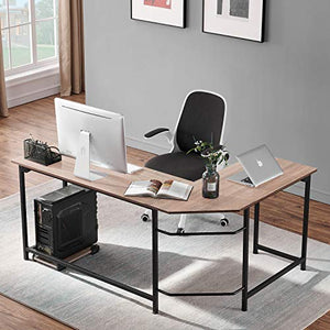 VECELO L-Shaped Computer Desk 66" with CPU Stand/PC Laptop Study Writing Table Workstation for Home Office Wood & Metal,Oak+Black Leg