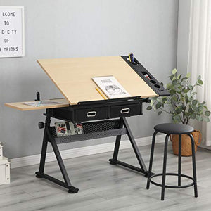 hebaotong Height Adjustable Drafting Draft Desk Drawing Table Desk, Tiltable Tabletop Art Craft Work Station with Stool, Storage Drawer for Reading, Writing Art Craft Work Station