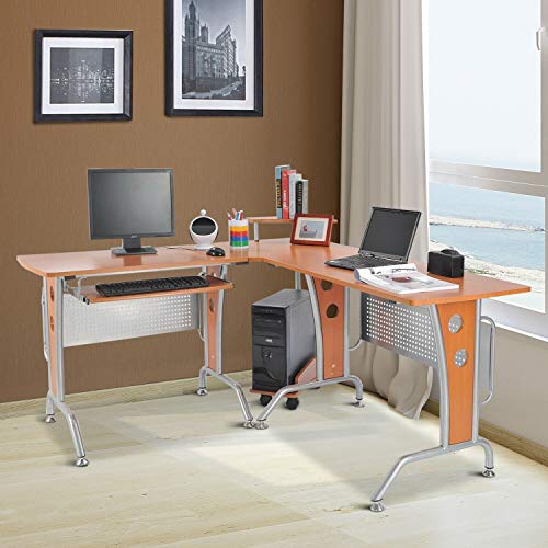 HLWL L-Shape Gaming Table Computer Desk Office Workstation P2 MDF w/CPU Tower