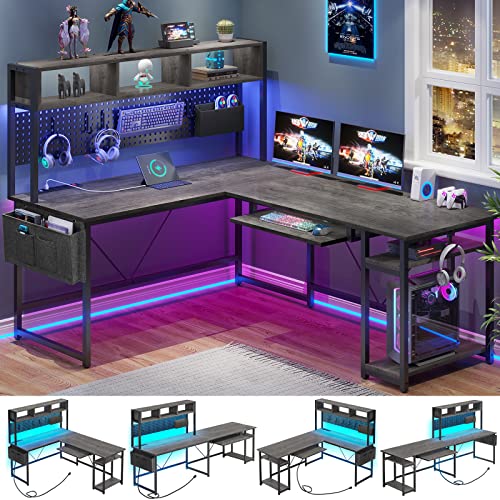 SEDETA L Shaped Desk with Power Outlet, Pegboard, LED Light - Grey