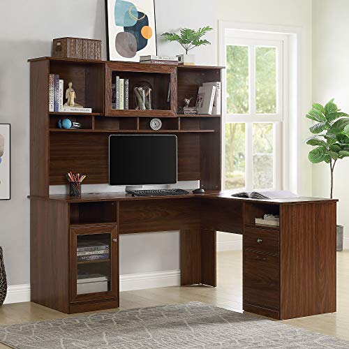 L-Shaped Home Office Desk with Glass Door's Hutch, Writing Workstation with Shelves and File Cabinet for Home Office (Brown)