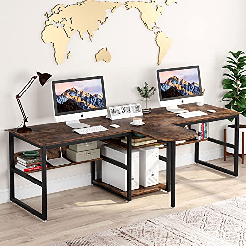 Tribesigns 94.5 inch Two Person Desk with Storage Shelves, Extra Long Computer Desk with Priter Shelf, Double Workstation Office Desk Study Writing Desk with Bookshelf for Home Office (Rustic Brown)