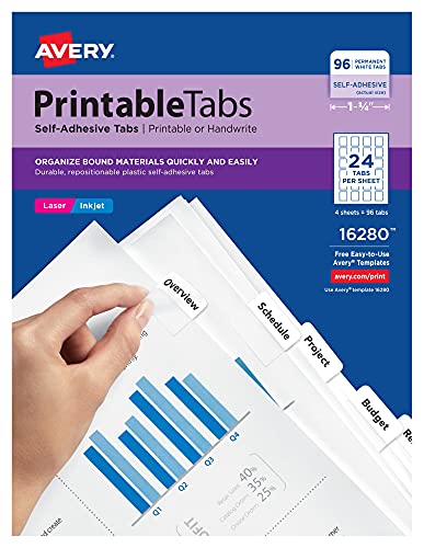 Avery Printable Self-Adhesive Plastic Tabs, 1-1/4", Repositionable Adhesive, White, 96 per Pack, 24 Packs, 2,304 Total Tabs (16280)