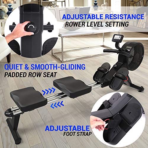 SereneLife Home Rowing Machine-Air and Magnetic Rowing Machine-Exercise Machine for Gym or Home Use-Measures Time, Distance, Stride, Calories Burned-Rowing Machine Cardio Workout for Fitness, Black