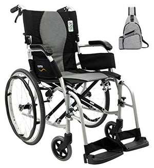 Karman Healthcare ErgoFlight Ultra Lightweight Wheelchair - Swing Away Footrest - 18"W X 17"D Seat - Silver Frame - Free Medical Utility Bag Grey