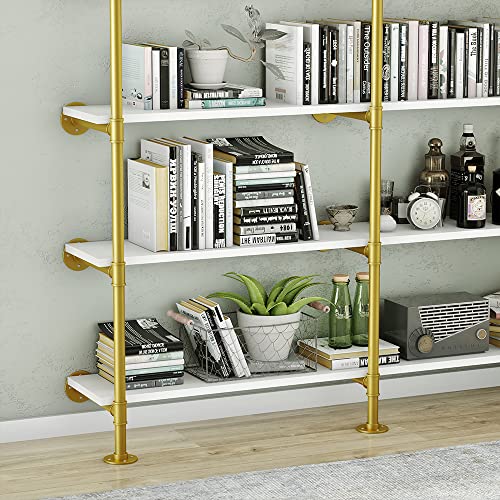 MAIKAILUN 6-Tier 60" Industrial Pipe Shelving, Gold Bookshelf - White/Gold Shelves - Modern Bookcase Metal - Mid Century - Wall Mount Decor - Living Room Retail Shelving (59.1x9.8x84.6)