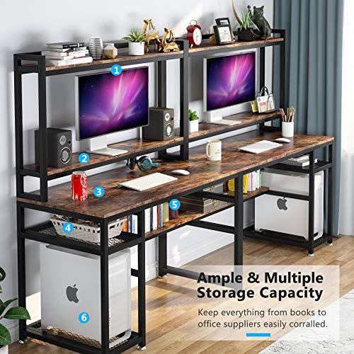 Tribesigns 94.5 inch Extra Long Double Computer Desk with Hutch & Monitor Stand, Large Two Person Desk with Storage Shelves & CPU Stand, Study Writing Table Workstation with Bookshelf for Home Office