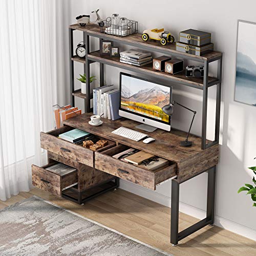 Tribesigns 55 Inch Computer Office Desk with 4 Drawers and Storage Shelf, Industrial Study Writing Table Workstation with Hutch and Bookshelf for Home Office (Brown)