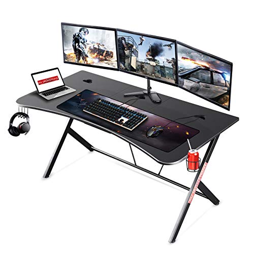 Mr IRONSTONE Large Gaming Desk 63" W x 32" D Home Office Computer Table, Black Gamer Workstation with Cup Holder, Headphone Hook and 3 Cable Management Holes