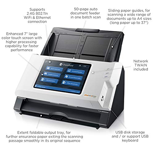 Plustek eScan SharePoint A250 - Network Scanner Dedicated for Microsoft SharePoint and Office 365 - Standalone (PC-Less), 7" Color Touchscreen - 50-Sheet Automatic Document Feeder
