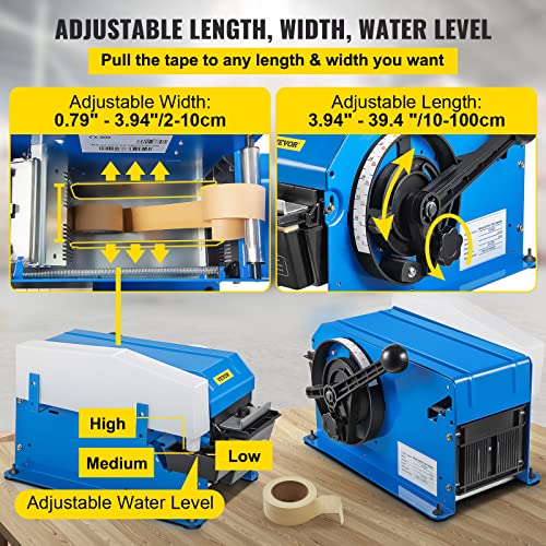 VEVOR Water-Activated Tape Dispenser, Maximum 39.4" x 3.94" Tape, Adjustable Length, Width & Water Level, Manual Tape Dispenser w/ Water Brush, Carton Packaging for Express Box, Gift Box
