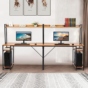 94.5 Inch Double Computer Desk, 2 Person Desk with Hutch & Storage Shelves, Extra Long Home Office Computer Table Writing Study Table Double Workstation Home Office Desk (Brown)