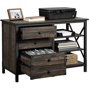 Sauder Steel River Industrial Credenza with Drawers, Carbon Oak Finish