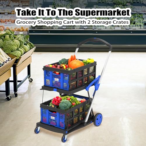 LEADALLWAY Grocery Shopping Cart with 2 Storage Crates - Collapsible Blue Cart