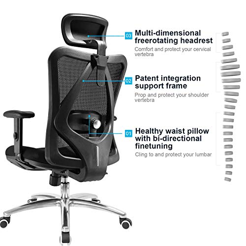 SIHOO Office Chair Ergonomic Office Chair, Breathable Mesh Design High Back Desk Chair with Adjustable Headrest and Lumbar Support (Black)