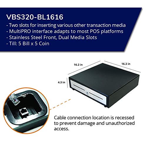 APG Standard- Duty 16” Electronic Point of Sale Cash Drawer | Vasario Series VBS320-BL1616 | Printer Compatible | Plastic Till with 5 Bill/ 5 Coin Compartments | Black
