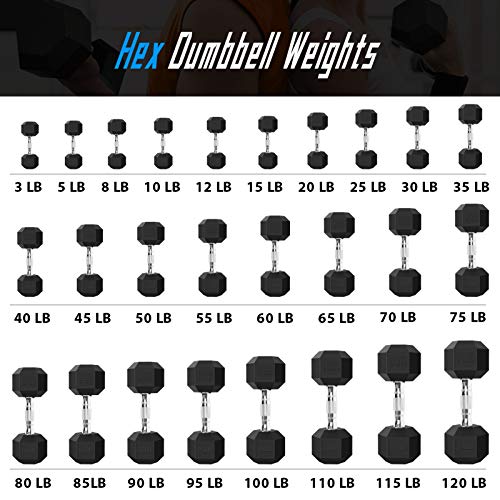 Balelinko Hex Dumbbells Free Weights Set with Metal Handles Rubber Encased Solid Cast Iron Hex Dumbbell in Single, 115 LBS
