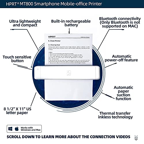 HPRT MT800QC Portable Wireless Bluetooth Monochrome Printer, Supports 8.5" X 11" US Letter Paper,Compatible with Android and IOS phone,No-ink technology,Suitable for Mobile Office.(Upgrade MT800Q 2.0)