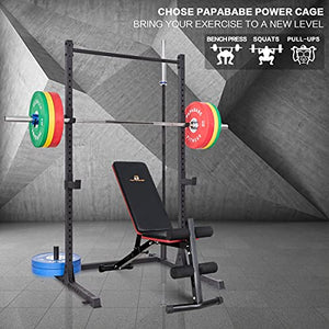 papababe Squat Rack-800 LB Capacity Power Rack 2"x 2" Steel Power Cage Squat Stand with 4 J-Hooks for Bench Press, Weightlifting and Strength Training with Adjustable Bench