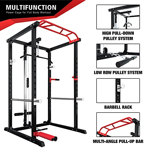 ER KANG Olympic Power Cage, 1000 lbs Light Commercial Weight Cage with LAT Pull-Down Pulley System, 360 Degree Landmine, Dip Bars and Other Attachments