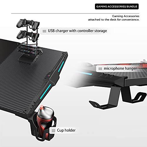 EUREKA ERGONOMIC 55 Inch RGB LED Gaming Desk with Free Mouse Pad, USB Ports, Cup Holder - Black