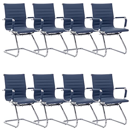 DM Furniture Navy Blue PU Leather Office Desk Chair Set of 8 - Mid Back Guest Chairs with Sled Base