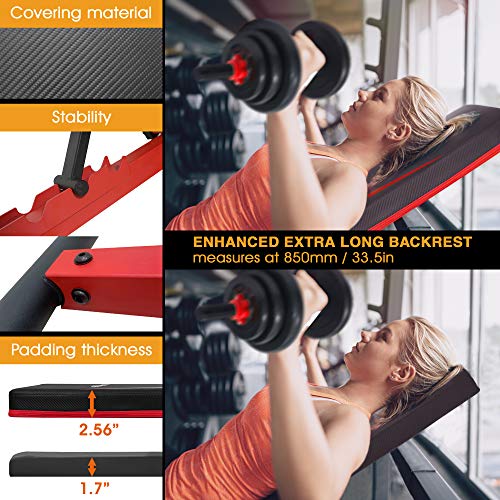 STOZM Multi-Purpose Adjustable Strength Training Weight Bench (Crimson) - High Weight Capacity 900 lbs and Dumbbell Set with Case – 50 kgs for Home Gym & Full Body Workout (Black Paint Finish)