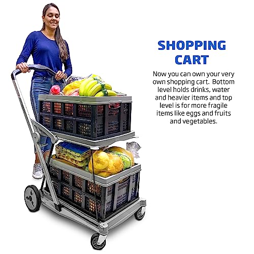 EasyGo Product Folding Utility Shopping Cart with 2 Collapsible Storage Crates - Folds Flat, Fits in Car Trunk - Ideal for Shopping, Laundry, Sports - Parking Brake