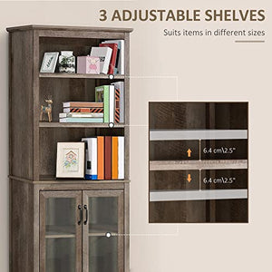HOMCOM 71" Bookcase Storage Hutch Cabinet with Adjustable Shelves, Glass Doors - Natural Wood