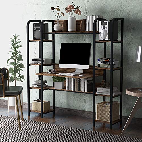 Merax. Home Office Hutch and Double Bookcase, Computer Workstation with Storage Bookshelf Desk, Brown
