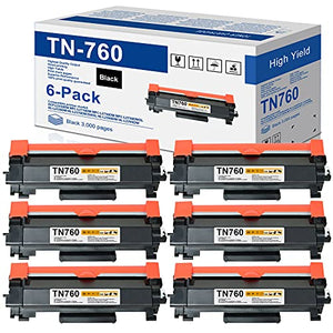 6-Pack Black Compatible Toner Cartridge Replacement for Brother TN760 TN-760 TN760BK High Yield Work with Brother HL-L2350DW HL-L2370DWXL MFCL2710DW DCP-L2550DW HL-L2395DW MFC-L2750DW Printers