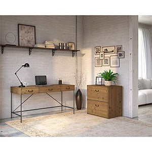 kathy ireland Home by Bush Furniture Ironworks 60W Writing Desk with Lateral File Cabinet in Vintage Golden Pine