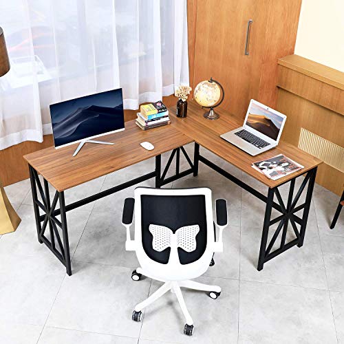 GreenForest L Shaped Desk and Computer Desk Bundle, Industrial Gaming Writing Desk Home Office Furniture Set, Walnut
