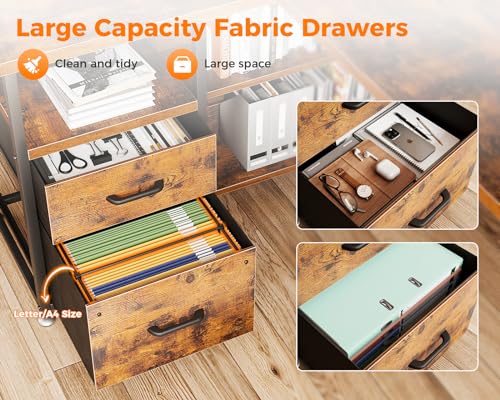ODK L Shaped Gaming Desk with File Drawers, Power Outlets, LED Lights - 61 Inch Vintage
