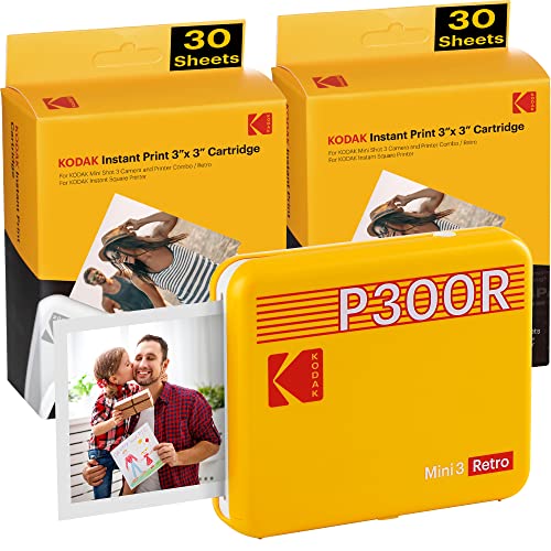 KODAK Mini 3 Retro 3x3” Portable Photo Printer (60 Sheets) - Compatible with iOS, Android & Bluetooth Device, Real Photo, 4Pass Technology & Laminating Process, Print Photos – Yellow