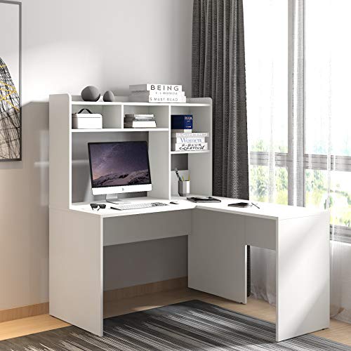 Sunon L-Shaped Computer Desk Corner Desk Home Office Office Study Workstation with Bookshelf (White)