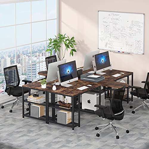 Tribesigns 102 inches Double Computer Desk with Storage Shelves and Tiltable Tabletop, Extra Long Two Person Desk with Printer Shelf, Double Workstation Desk Study Table for Home Office (Rustic Brown)
