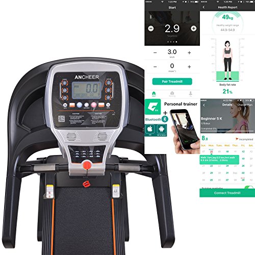 ANCHEER Folding Treadmill for Home Use, 2.25HP Electric Running, Jogging & Walking Machine with Bluetooth APP & Pulse Sensor, 2-Level Incline Adjustable 12 Preset Programs Compact Foldable