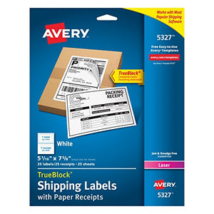 Avery Shipping Label with Paper Receipt, Laser, TrueBlock Technology, White, 25 Sheets (5327)