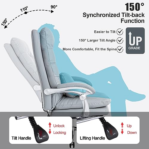 BOWTHY High Back Executive Office Chair with Foot Rest - Gray Comfy Chair with Reclining Desk, Padded Armrests, and Thick Cushion