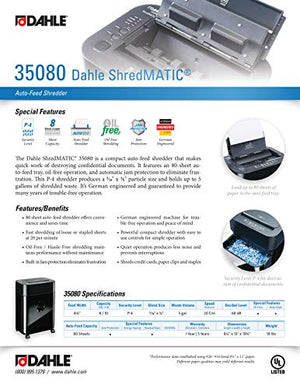 Dahle ShredMATIC 35080 Auto-Feed Paper Shredder, 80 Sheet Tray, Oil-Free, Jam Protection, Security Level P-4, 1-3 Users