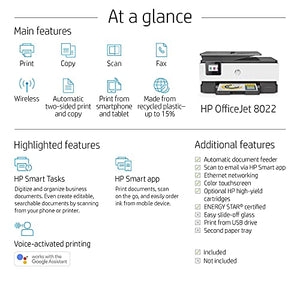 HP OfficeJet 8022 Wireless All-in-One Color Inkjet Printer, Scan, Copy and Fax, 3UC65A (Renewed)