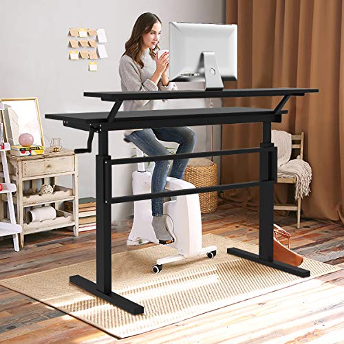 Tangkula Standing Desk, 2-Tier Height Adjustable Sit to Standing Desk, Computer Desk Workstation with Monitor Stand & Foldable Crank Handle, Ergonomic Home Office Desk (Black)