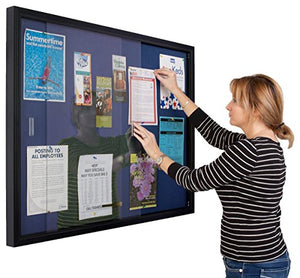 Locking Bulletin Board, 48 x 36 Inch, Blue Fabric, Sliding Glass Doors