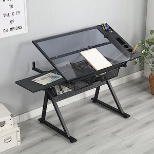 TRIPLE TREE Drafting Table Art Desk for Adults and Artists, Tempered Glass Drawing Table with Height Adjustment and Storage