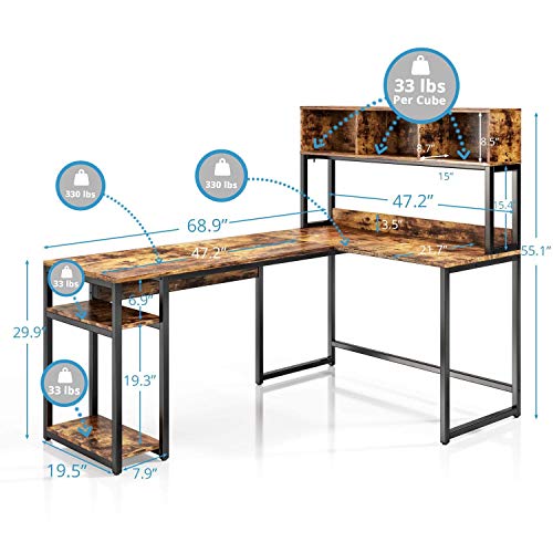 VIPEK L-Shaped Desk with Hutch, 69" Large Computer Desk Gaming Table PC Table Workstation Study Writing Table with Storage Bookshelf, Space Saving Corner Desk for Home Office, Antique Oak