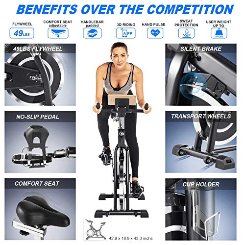 FUNMILY Indoor Cycling Bike - Stationary Exercise Bikes with LCD Monitor, Adjustable Resistance, Pad/Phone Holder, Heart Rate, Quiet for Home/ Office Workout (Black)