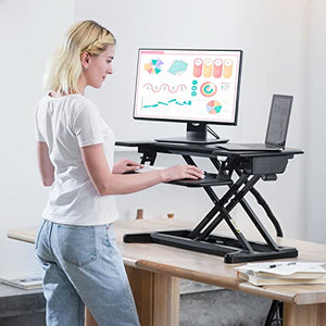 Aveyas Electric 32" Motorized Standing Desk Converter, Height Adjustable Sit to Stand Riser with Dual Monitor Lift