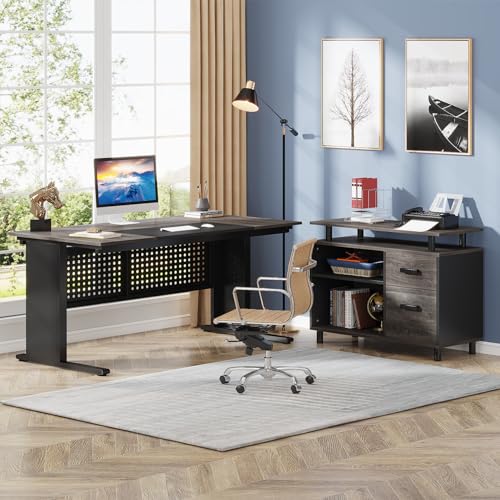 Tribesigns 63 Inch Executive Desk with File Cabinet, L Shaped Computer Desk, Gray and Black